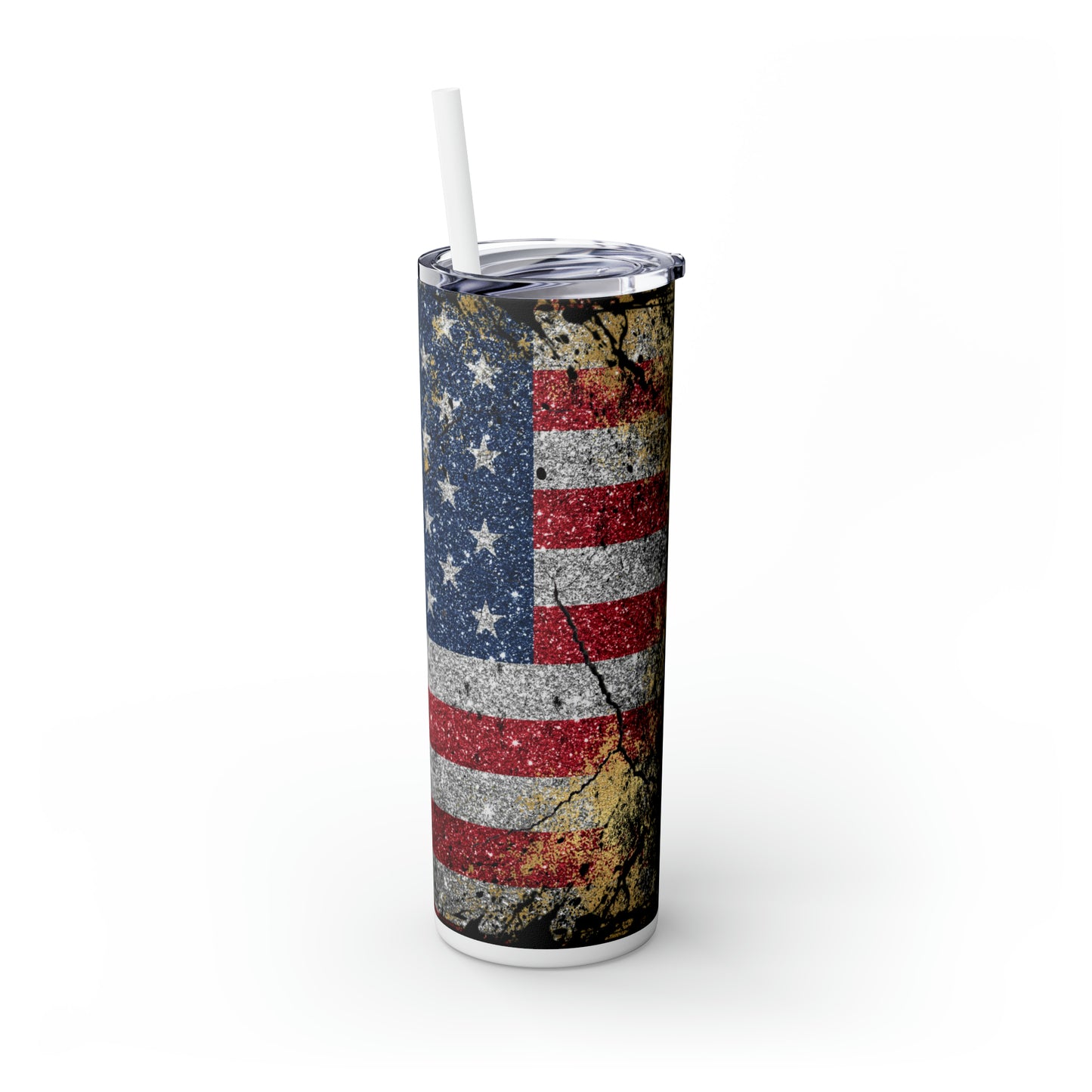 Glittery American Flag Skinny Tumbler with Straw, 20oz