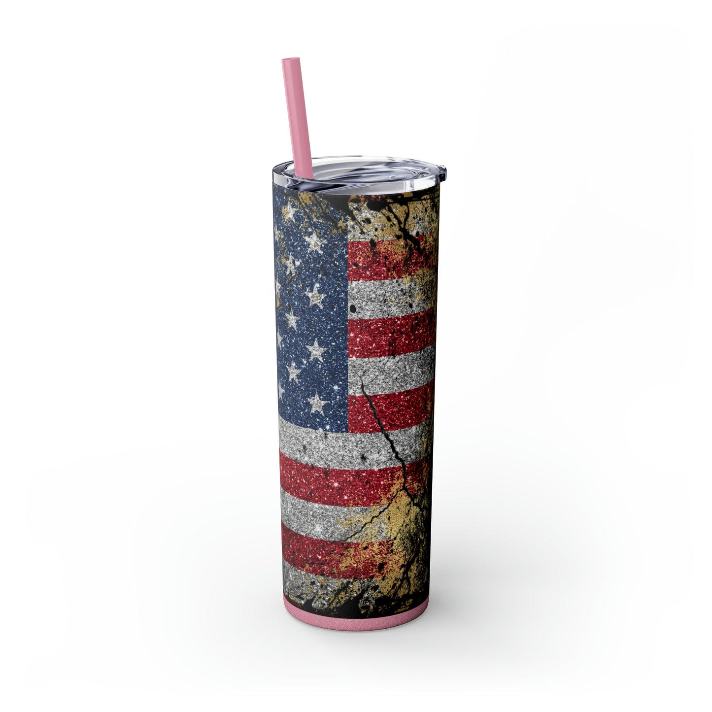 Glittery American Flag Skinny Tumbler with Straw, 20oz