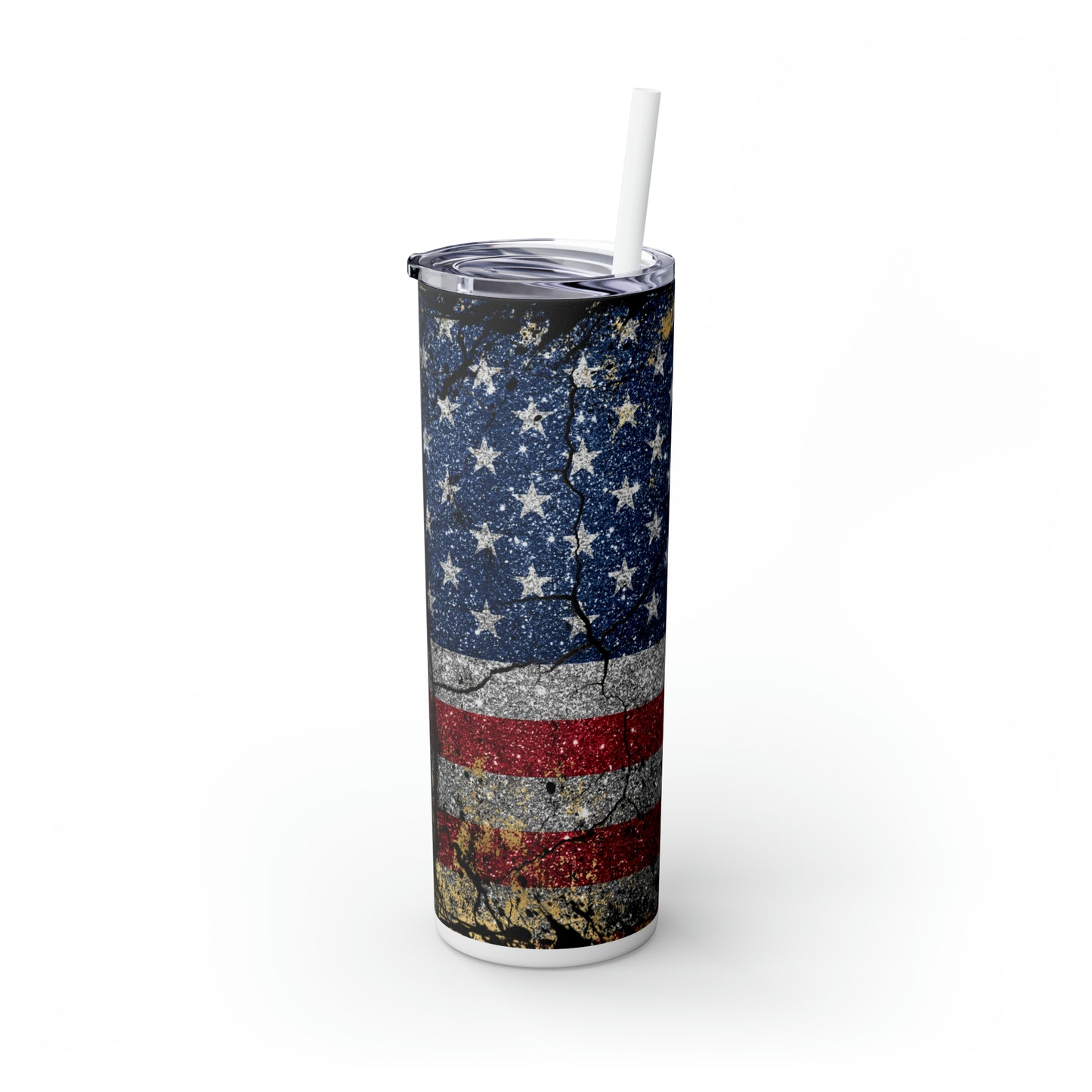 Glittery American Flag Skinny Tumbler with Straw, 20oz