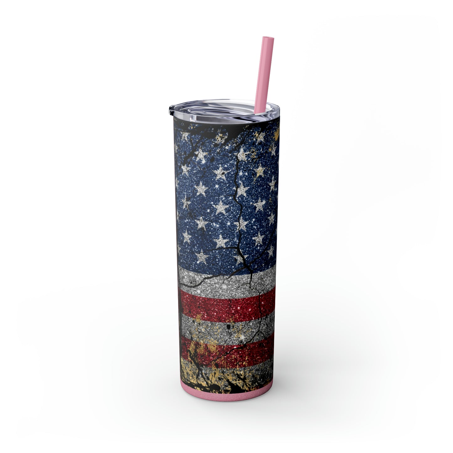 Glittery American Flag Skinny Tumbler with Straw, 20oz